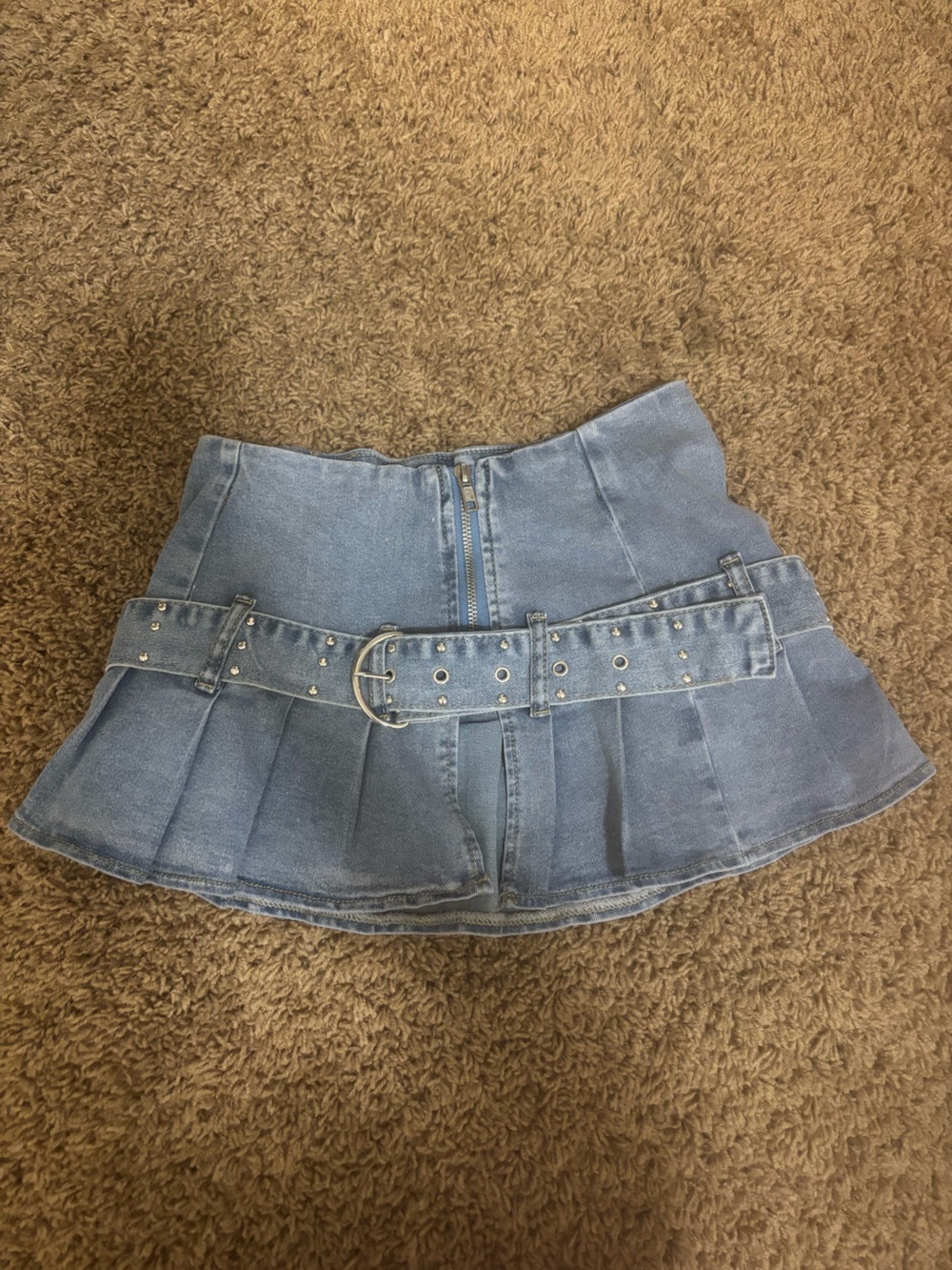 Denim Mini Skirt Shorts with Studded Belt - Light Blue